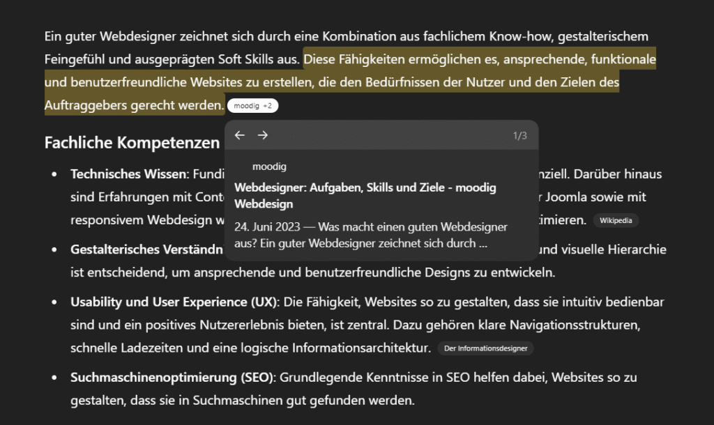 ChatGPT beantwortet deine Fragen und verlinkt auch noch auf die Webseite, die es referenziert.